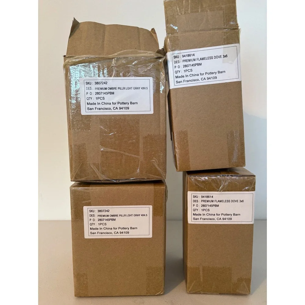 Pottery Barn Set of 4 Flameless LED Pillar Candles Grey Ombre Dove 3x6 4x4.5 NEW
